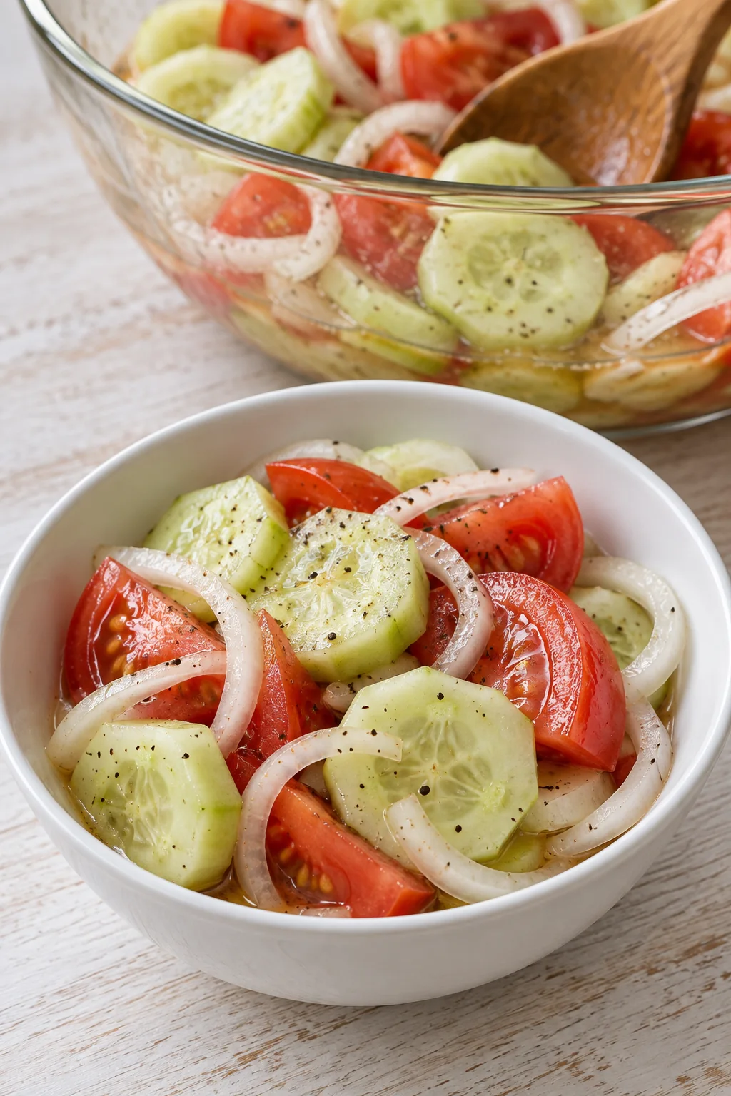 A serving of chilled marinated cucumber, onion and tomato salad in a small bowl.