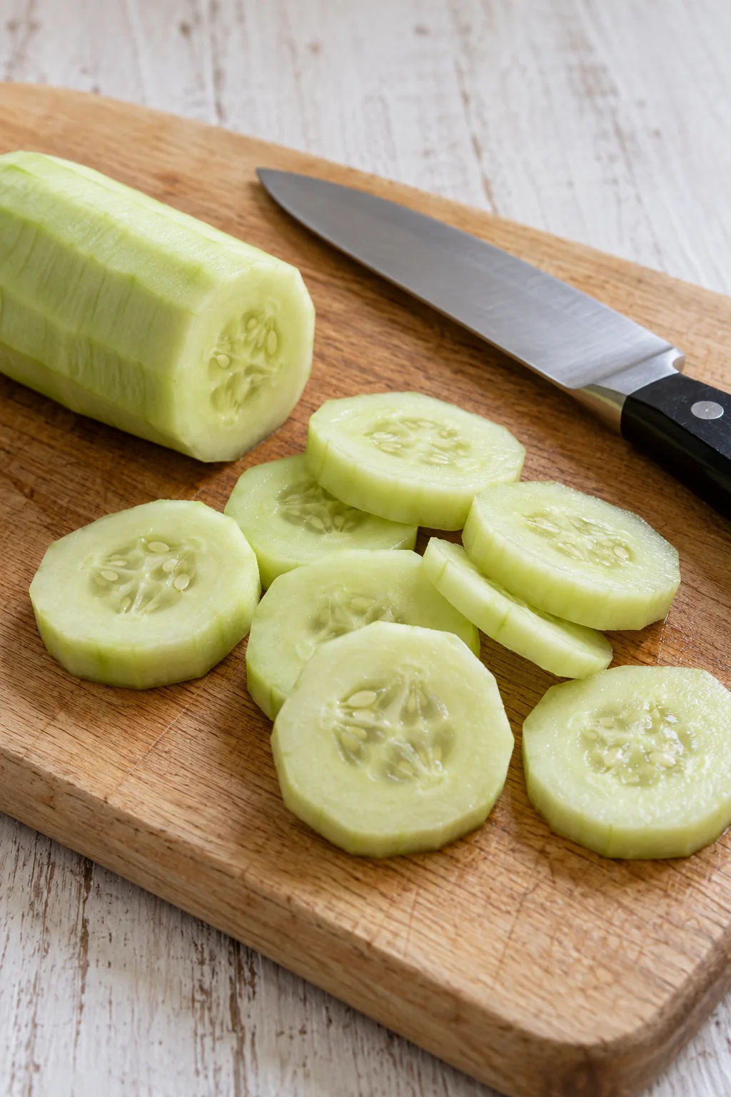 Peeled cucumbers cut into even rounds on a cutting board.