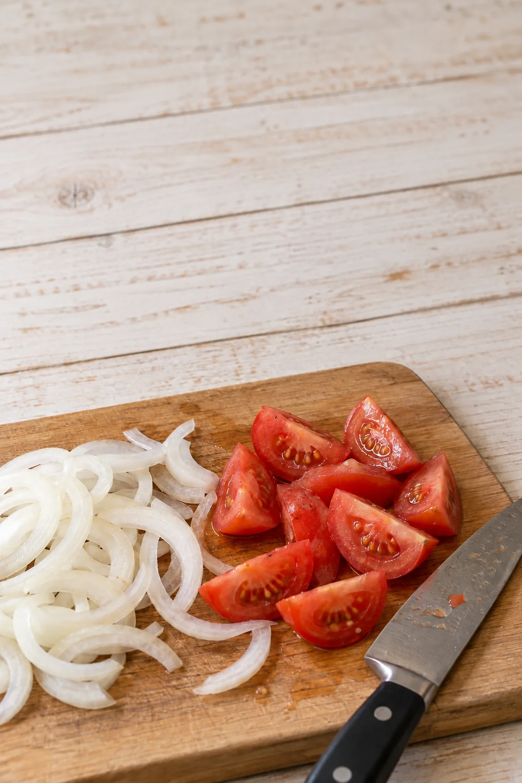 Firm tomato wedges and thin white onion rings after slicing.