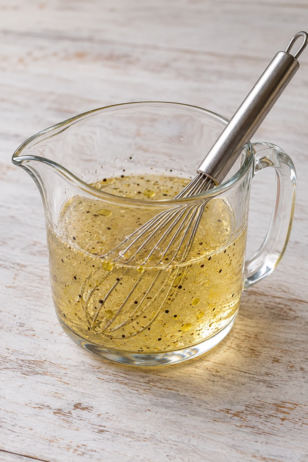 Whisked vinegar dressing with dissolved sugar, oil and black pepper in a glass jug.