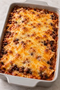Close-up of golden melted Colby Jack on the baked casserole