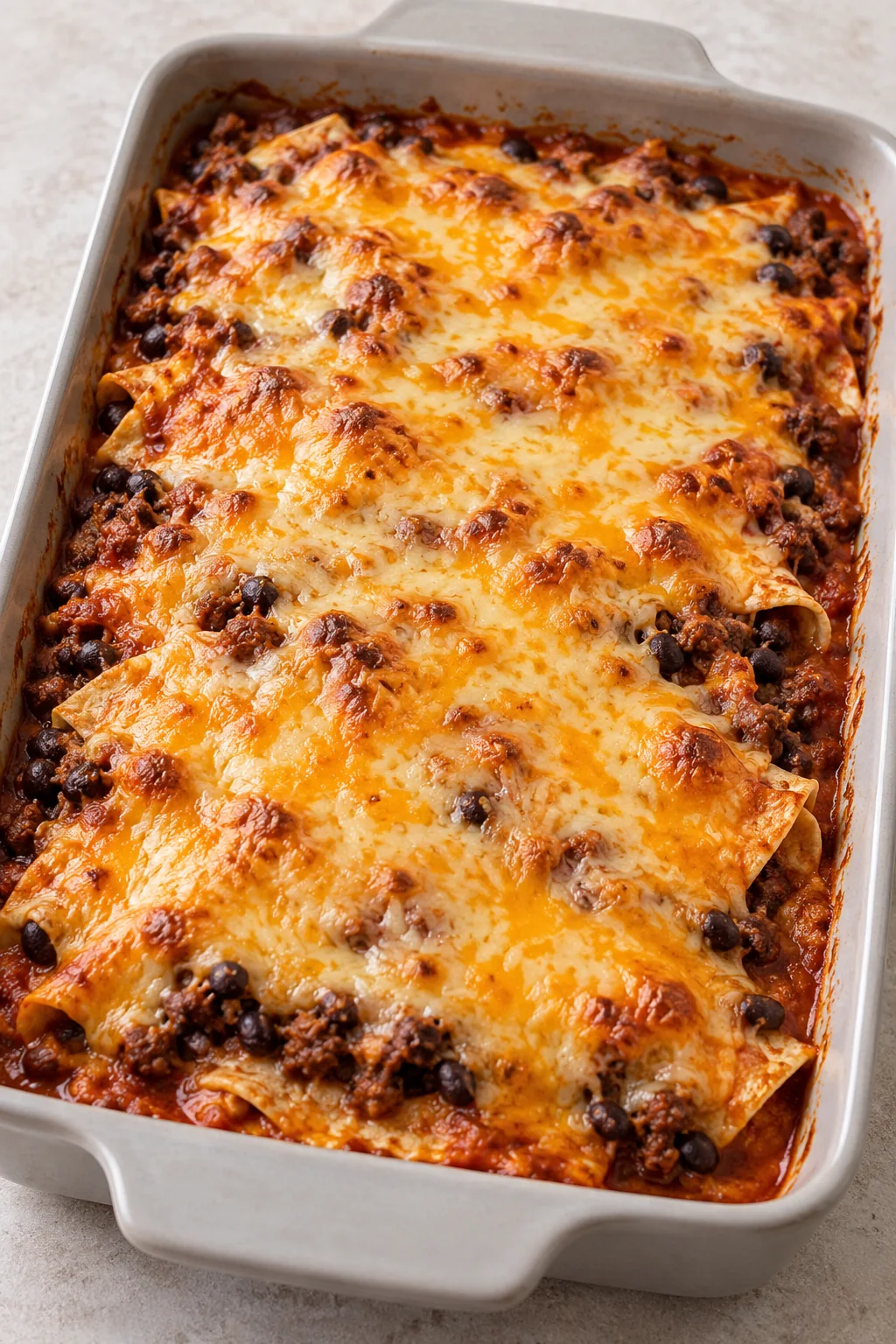 Close-up of golden melted Colby Jack on the baked casserole