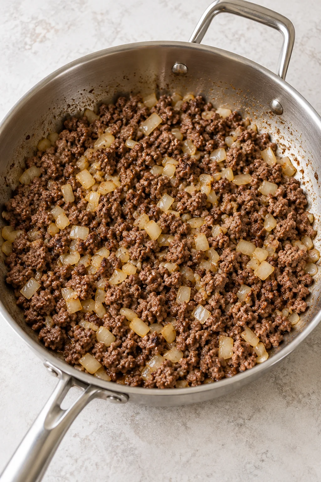 Ground beef and onion browned in a deep skillet