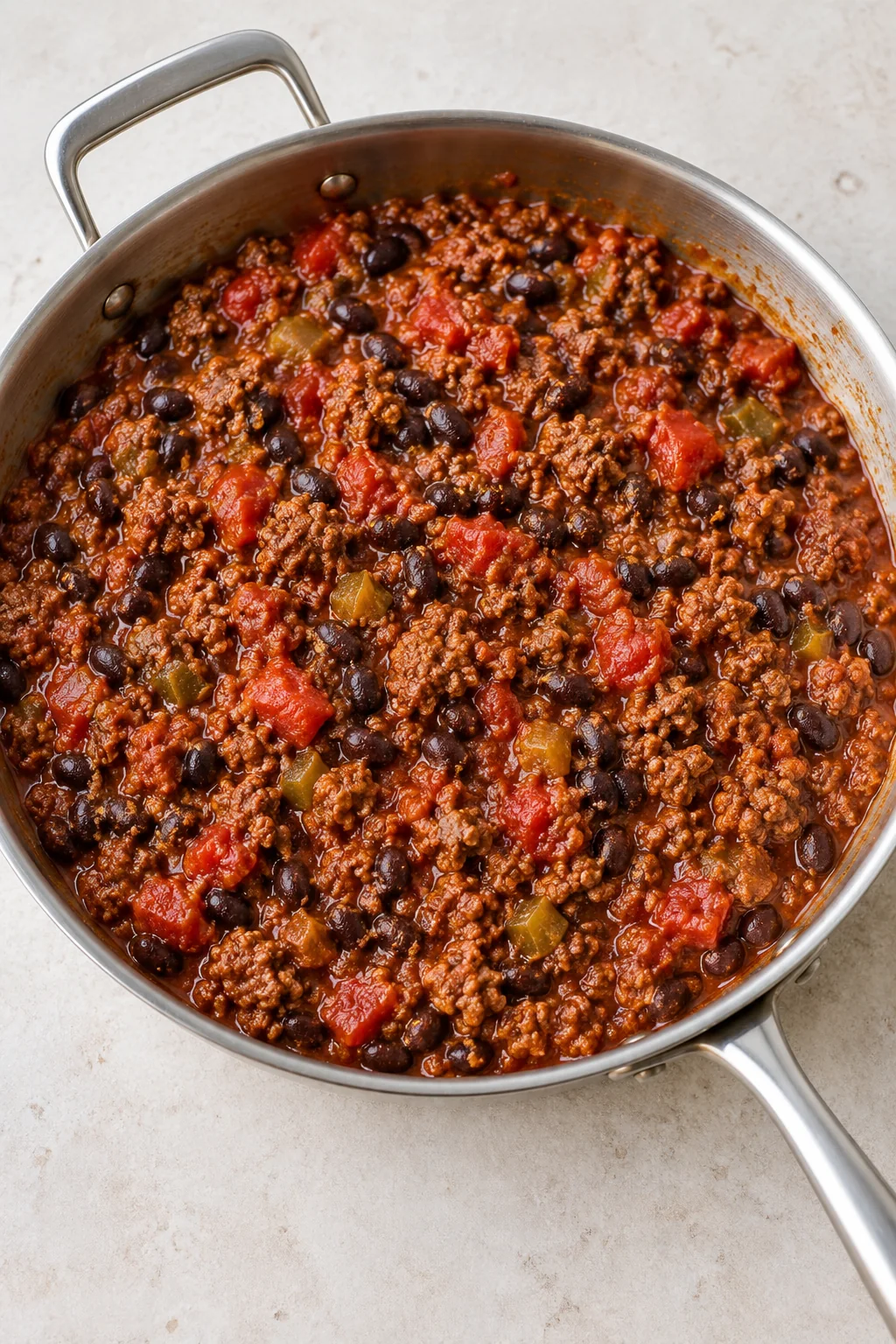 Beef filling with black beans, diced tomatoes, green chilies, and salsa