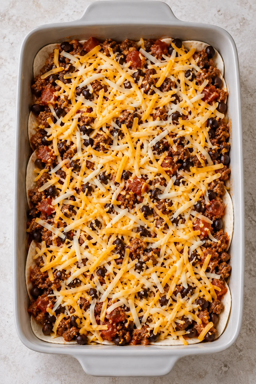 First tortilla layer covered with beef and bean filling and shredded cheese