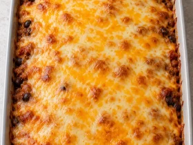 Whole baked Mexican casserole topped with melted Colby Jack cheese