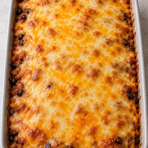 Whole baked Mexican casserole topped with melted Colby Jack cheese