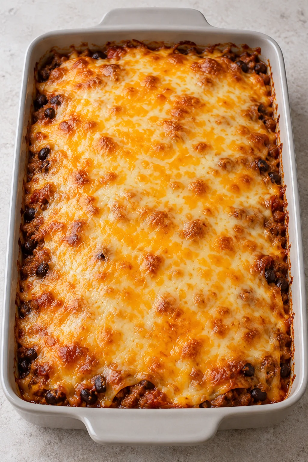 Whole baked Mexican casserole topped with melted Colby Jack cheese