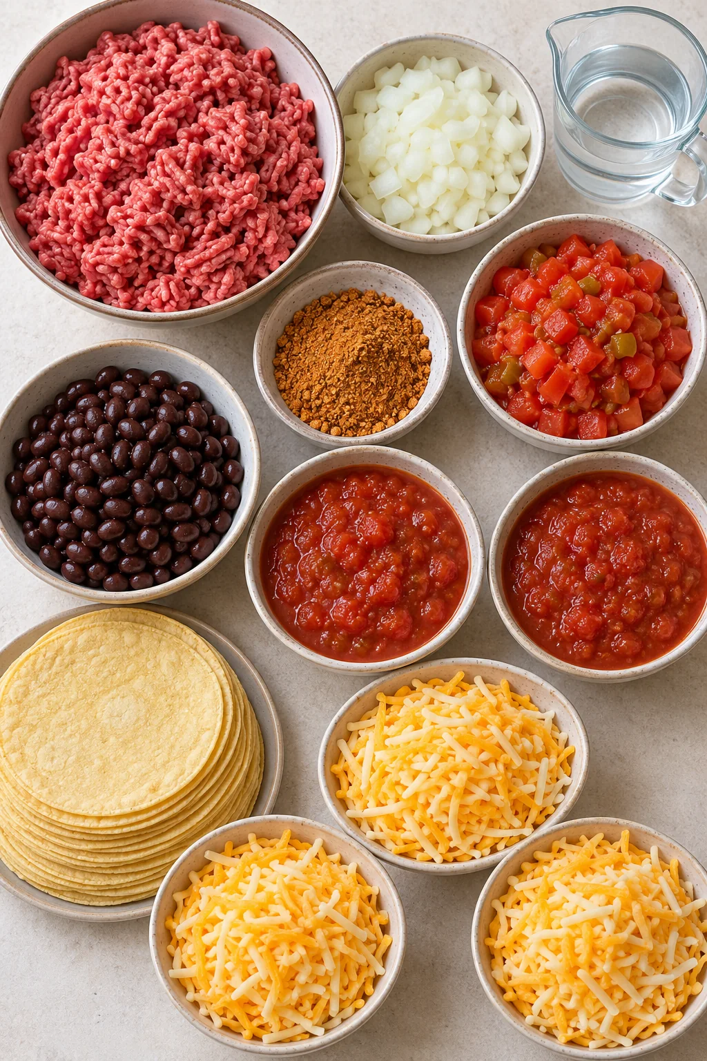 Raw ground beef, onion, taco seasoning, beans, tomatoes, salsa, corn tortillas, and cheese