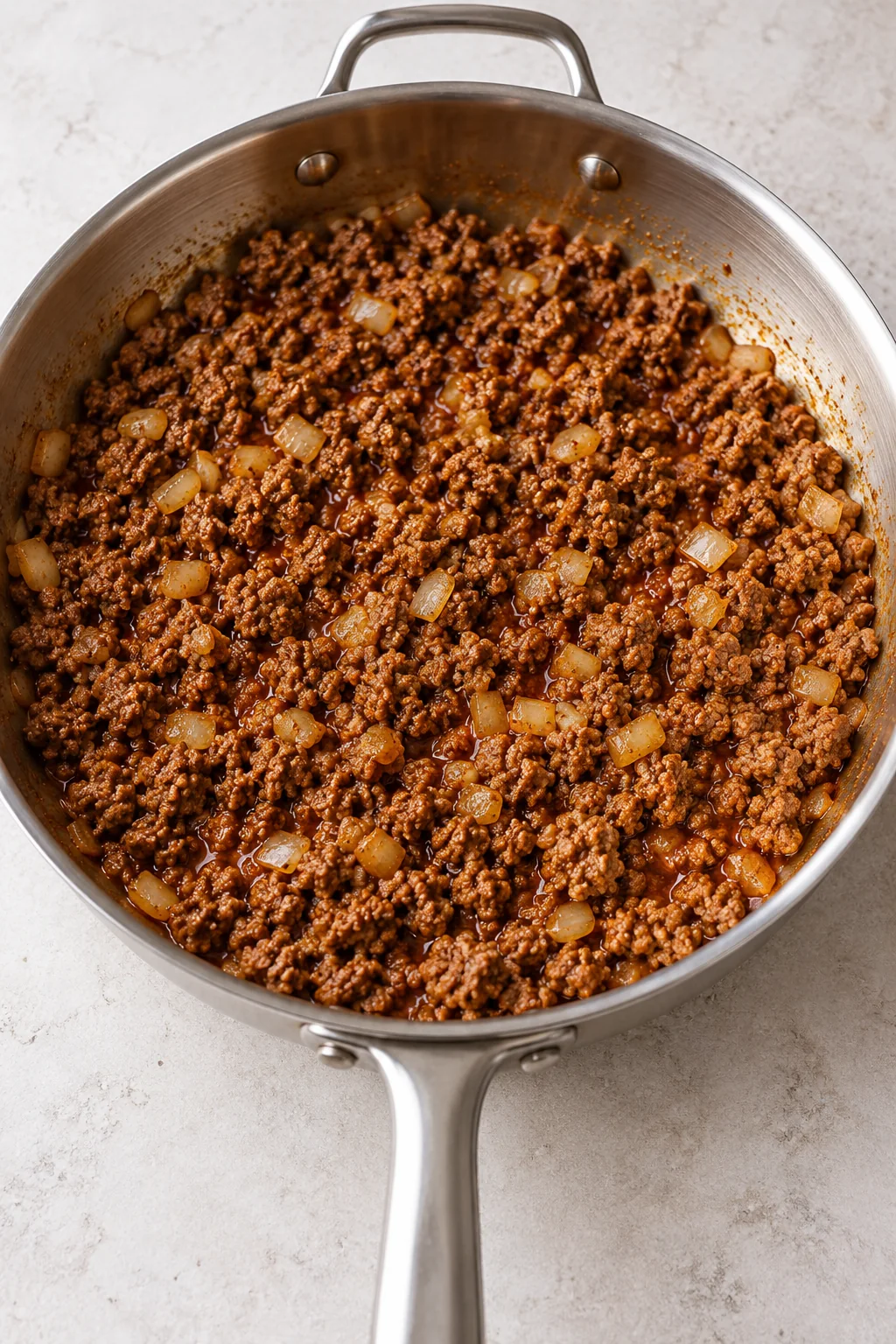 Taco-seasoned ground beef and onion after reducing the liquid