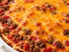 A round Mexican tortilla casserole with a golden melted cheddar top in a white baking dish