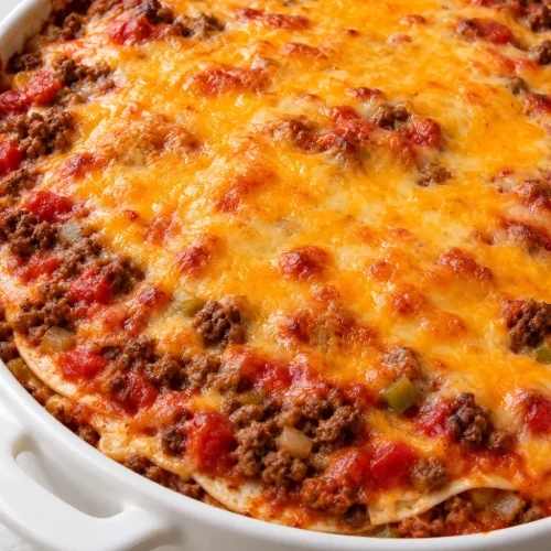 A round Mexican tortilla casserole with a golden melted cheddar top in a white baking dish