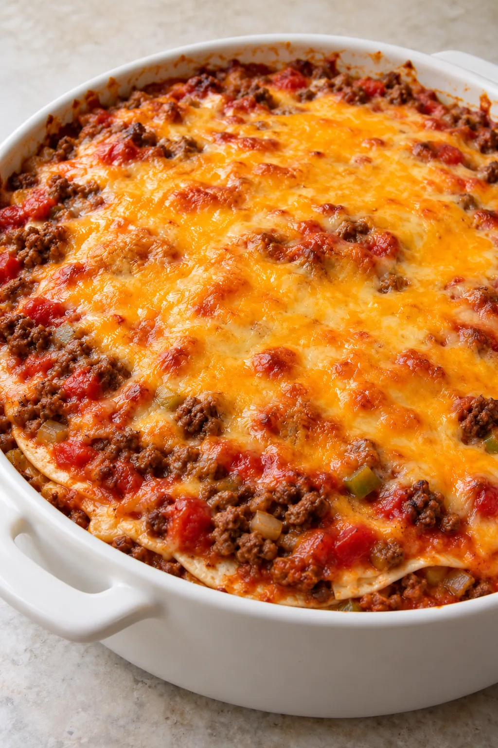 A round Mexican tortilla casserole with a golden melted cheddar top in a white baking dish