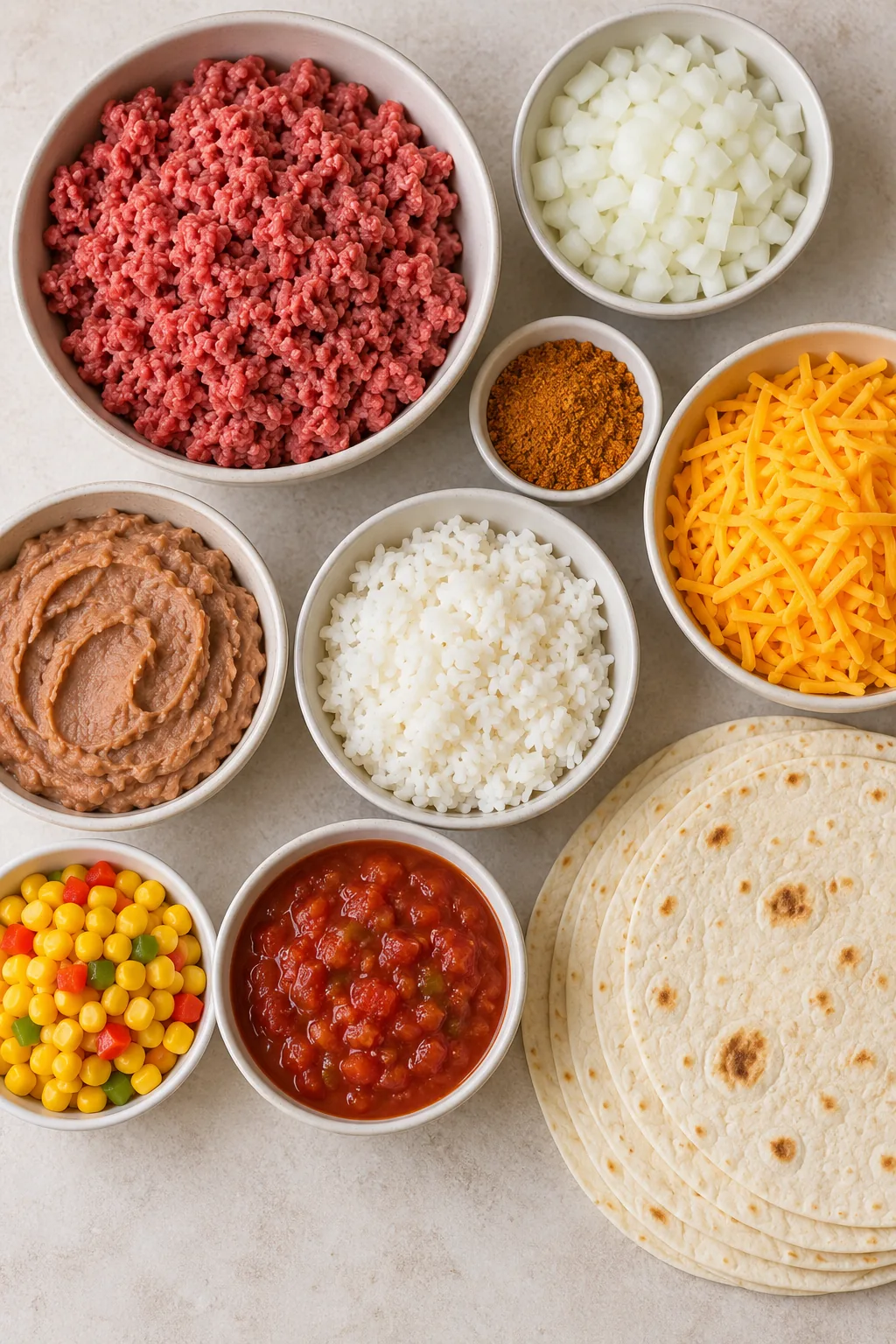 Ground beef, onion, taco seasoning, cheddar, refried beans, cooked rice, corn, salsa and flour tortillas