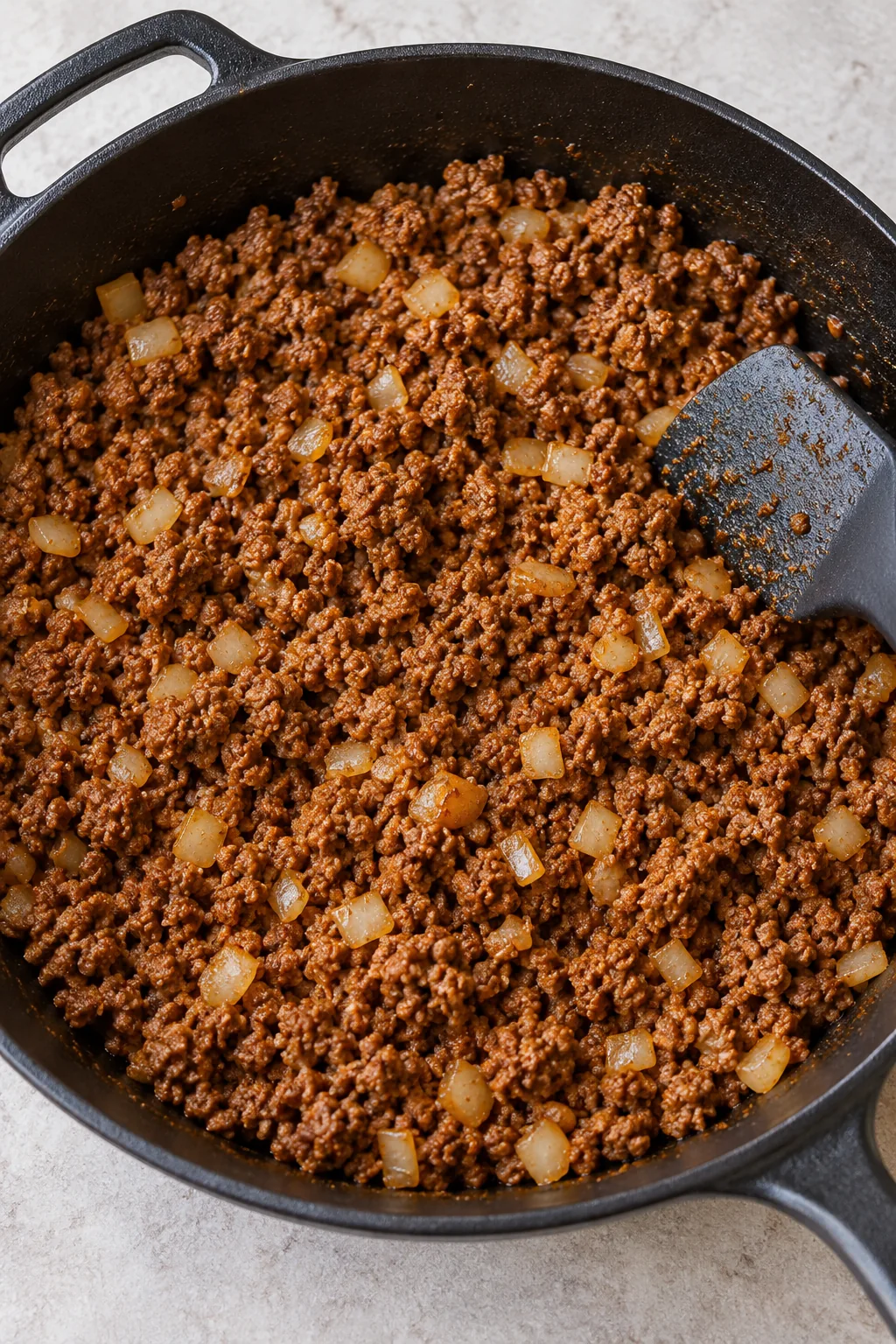Taco-seasoned ground beef and softened diced onion in a skillet with very little loose liquid
