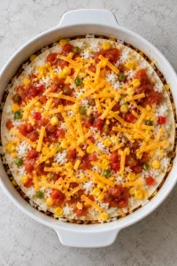 Cooked rice, drained Mexican-style corn, chunky salsa and cheddar on the second tortilla layer