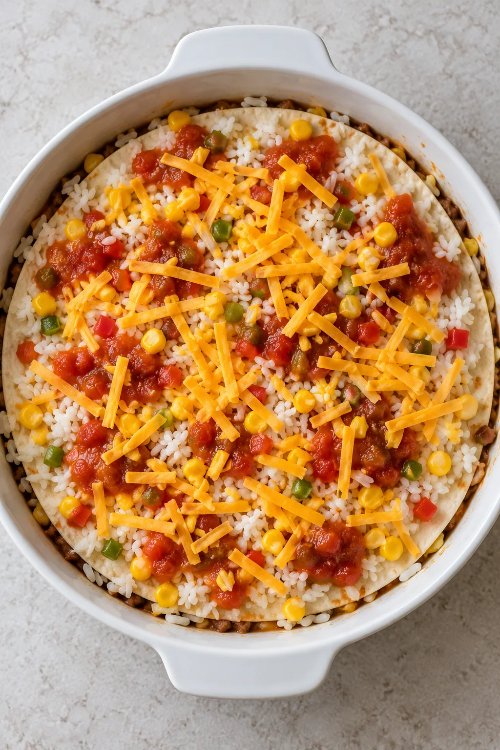 Cooked rice, drained Mexican-style corn, chunky salsa and cheddar on the second tortilla layer