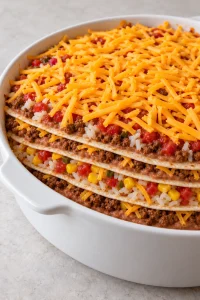 An assembled round tortilla casserole topped with unmelted shredded cheddar before baking