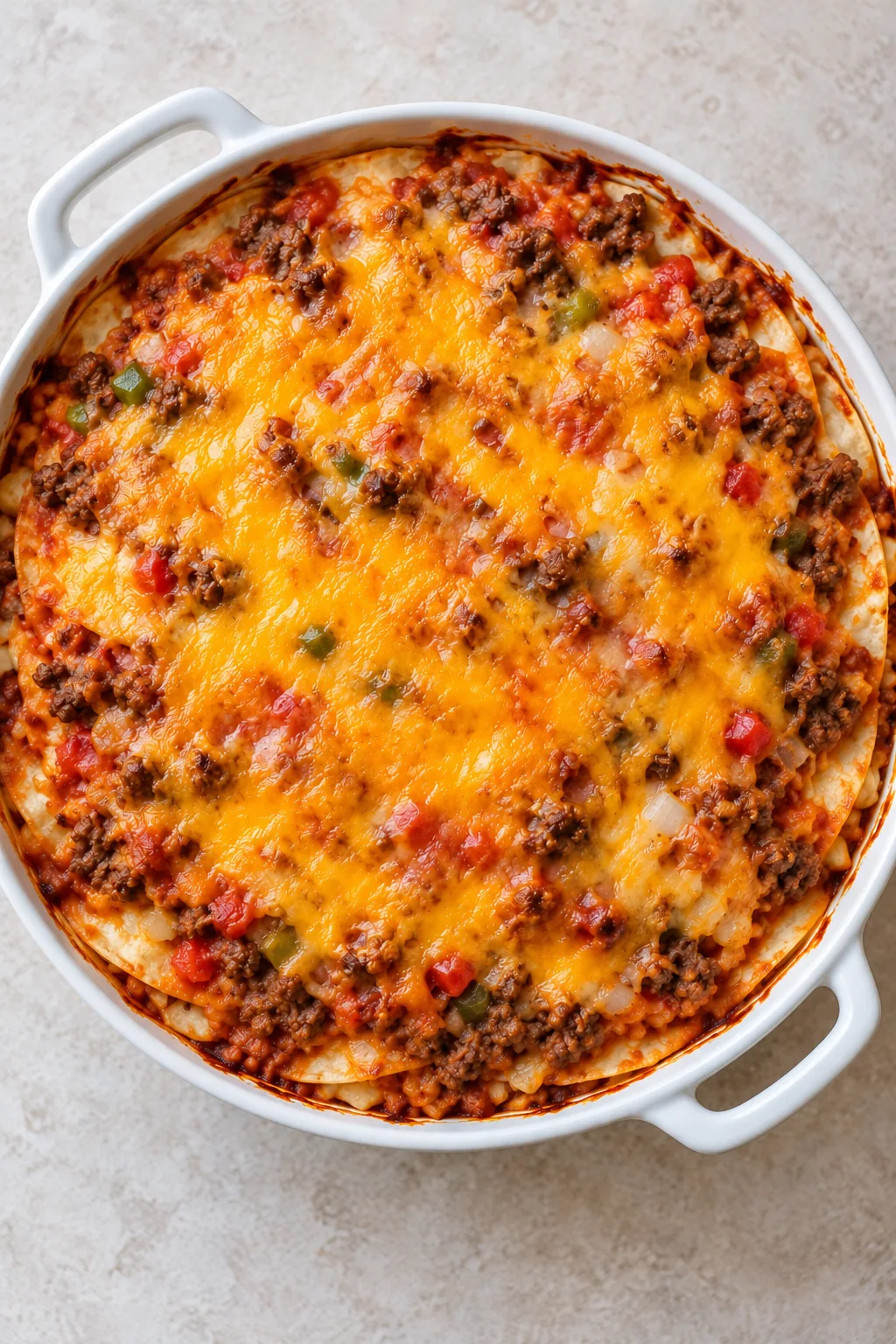 Overhead view of a baked tortilla casserole with melted golden cheddar and lightly browned patches