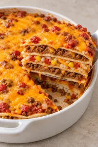 A wedge of tortilla casserole on a serving spatula showing beef, beans, rice, corn and soft tortilla layers