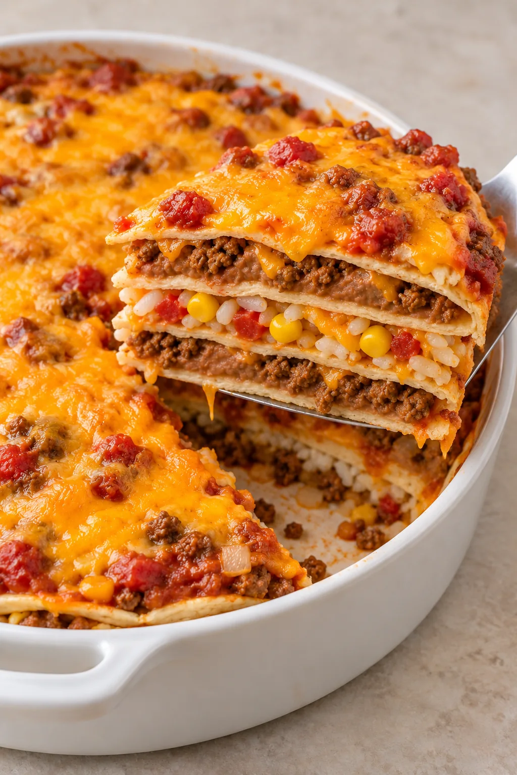 A wedge of tortilla casserole on a serving spatula showing beef, beans, rice, corn and soft tortilla layers