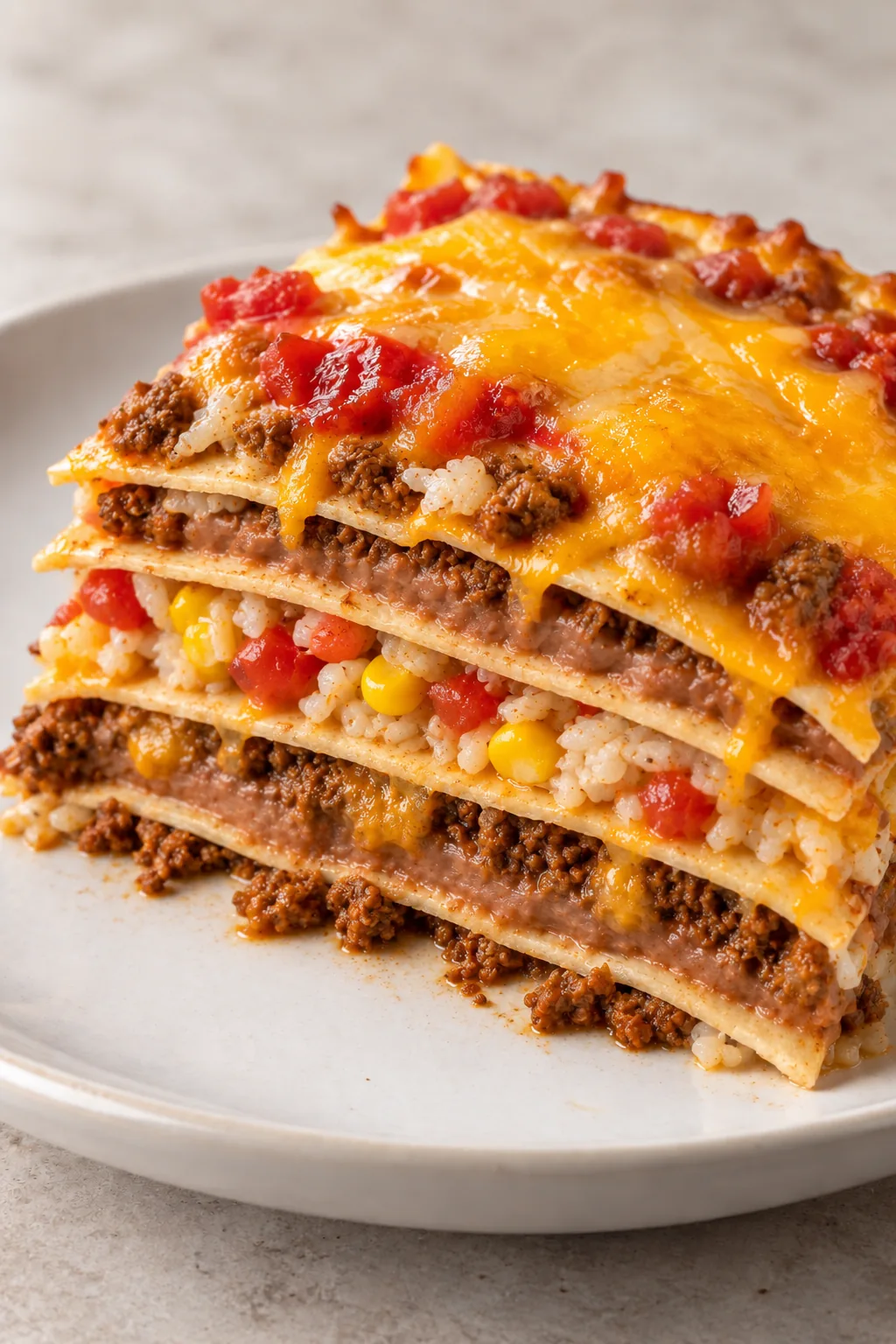 A plated wedge of Mexican tortilla casserole showing its beef, bean, rice and tortilla layers beneath cheddar