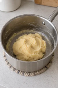 Cooked cream puff dough gathered into a ball in a saucepan