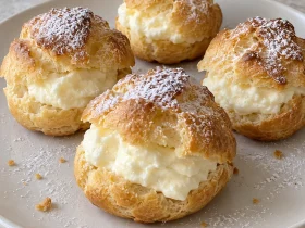 Homemade cream puffs filled with vanilla cream and dusted with powdered sugar