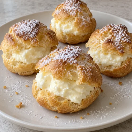 Homemade cream puffs filled with vanilla cream and dusted with powdered sugar