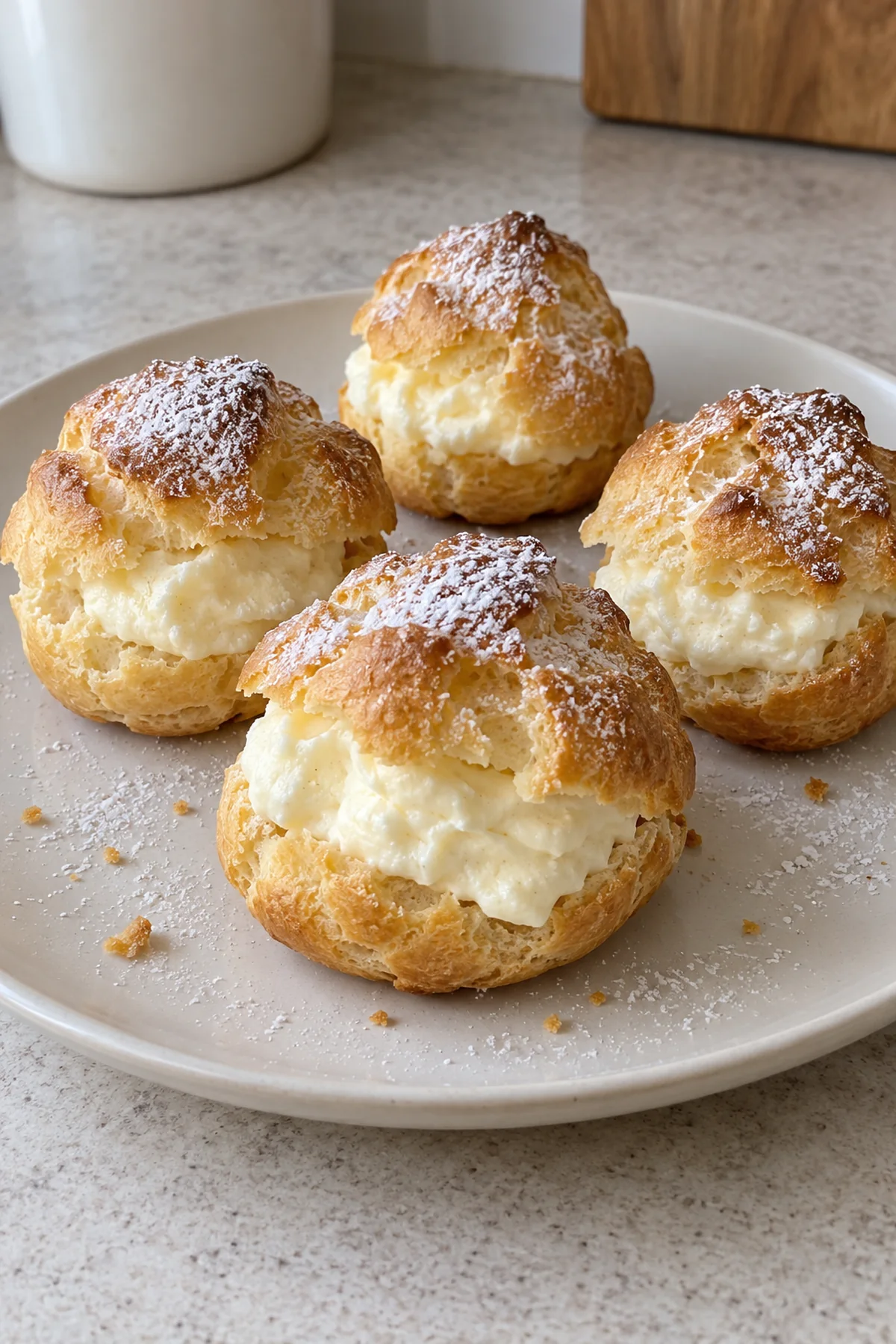 Homemade cream puffs filled with vanilla cream and dusted with powdered sugar