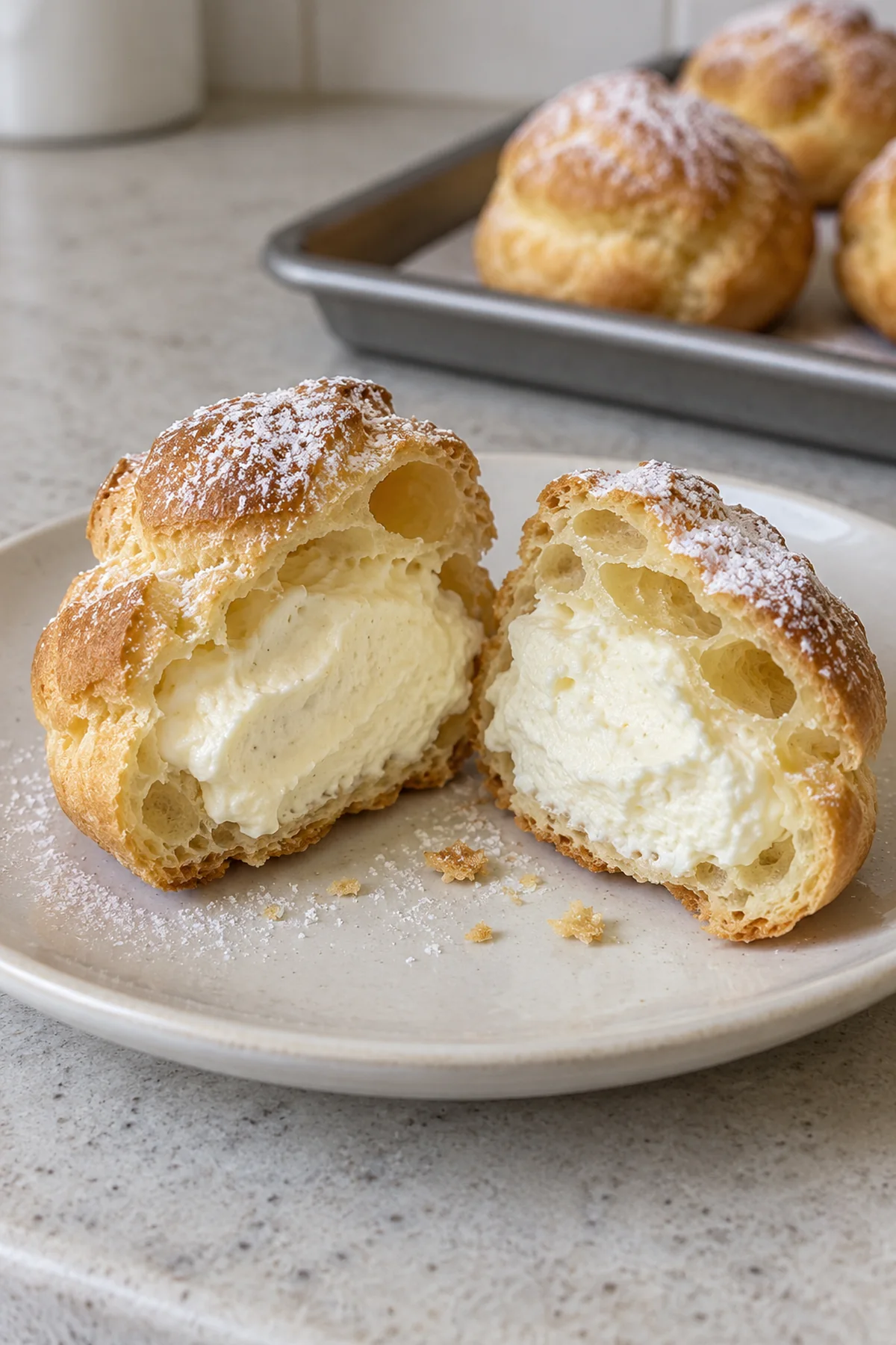 A split cream puff showing the airy shell and soft vanilla filling