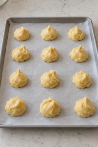 Small mounds of raw choux dough spaced on a parchment-lined baking sheet
