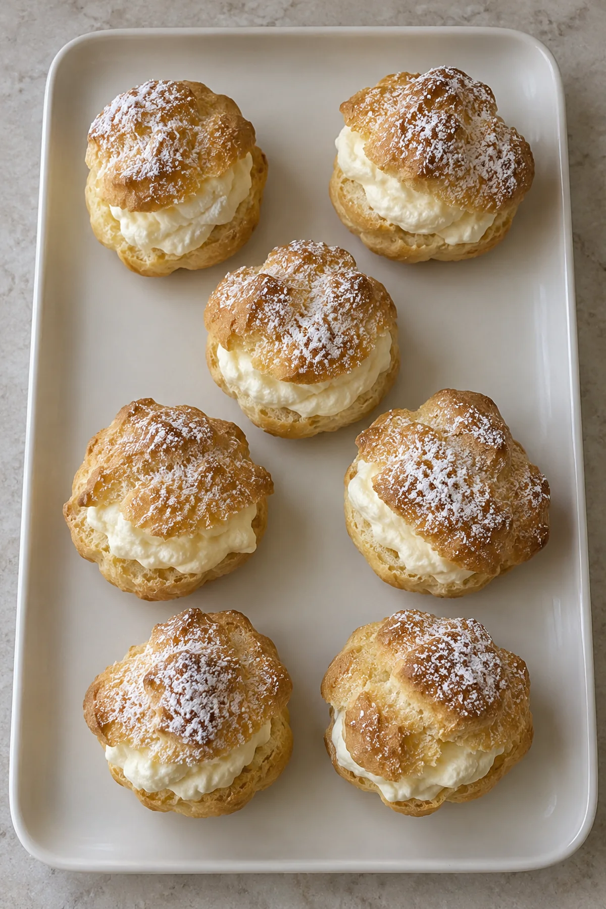 Vanilla cream puffs on a simple serving platter viewed from above