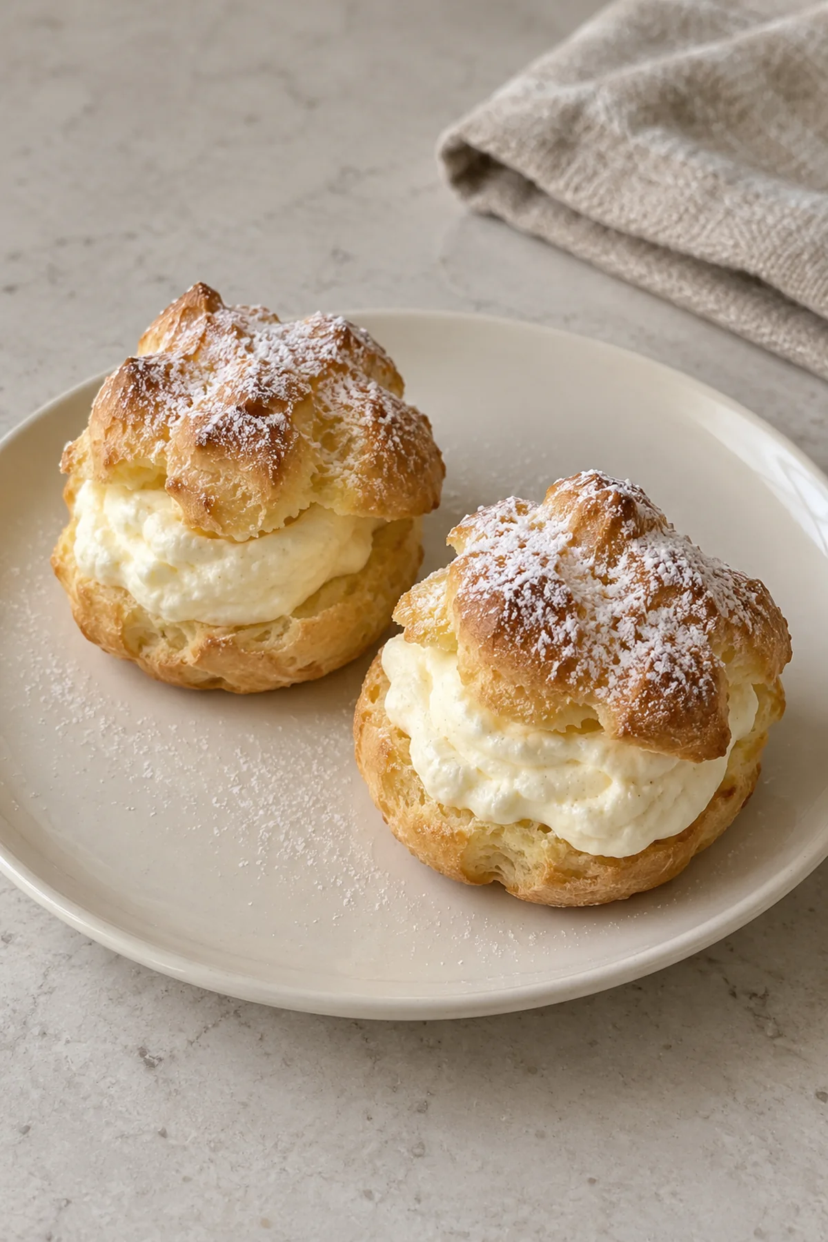 Two golden cream puffs with a spooned vanilla cream filling