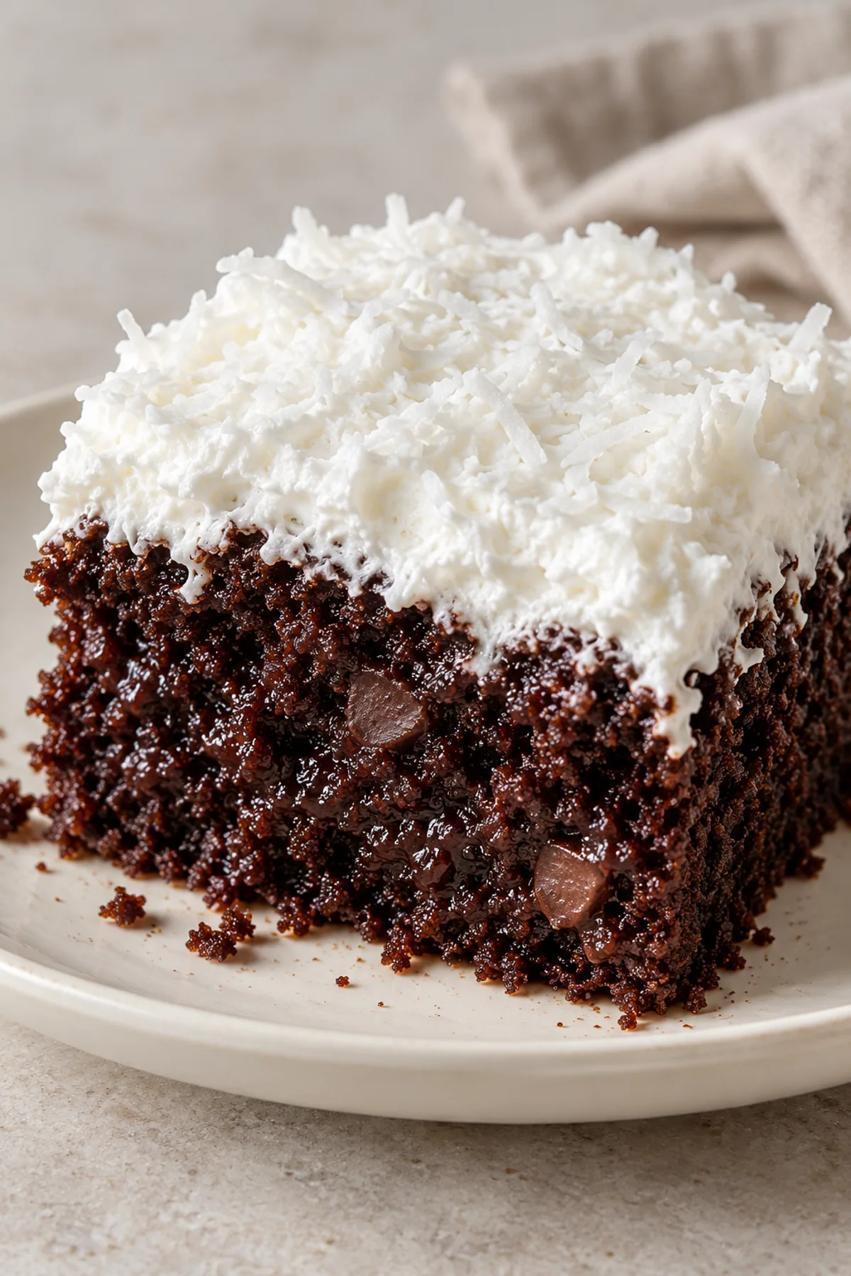 Close view of the chocolate cake and coconut whipped topping