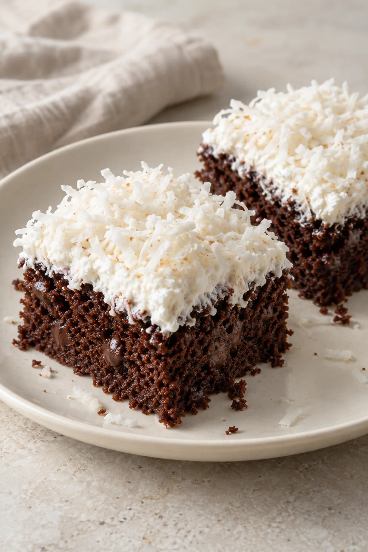 Two chilled servings of Mounds cake on a plate