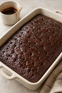Chocolate syrup soaking into the fork holes in the baked cake