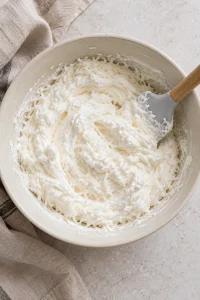Coconut folded into whipped topping for Mounds cake