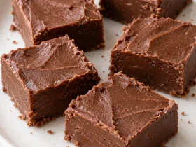 Plain chocolate fudge squares with softly textured tops and a few crumbs on a white plate