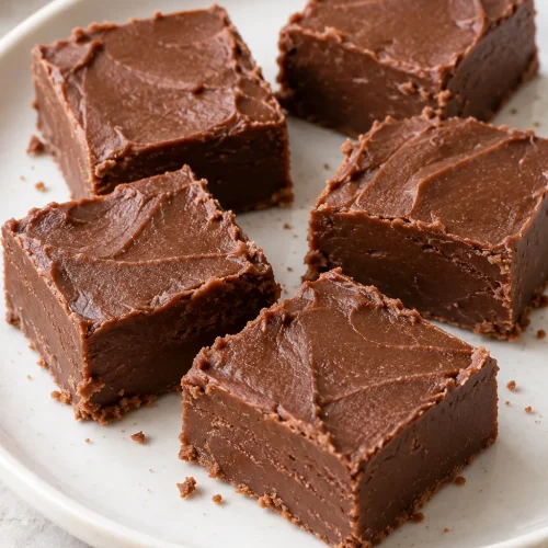 Plain chocolate fudge squares with softly textured tops and a few crumbs on a white plate