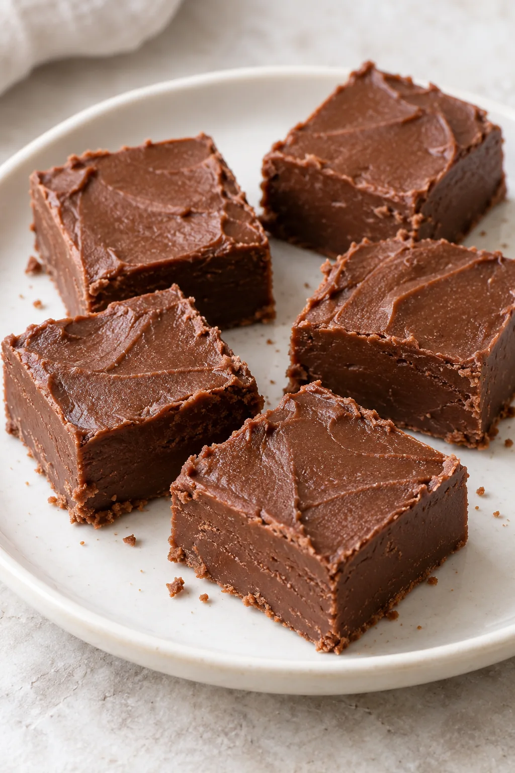 Plain chocolate fudge squares with softly textured tops and a few crumbs on a white plate