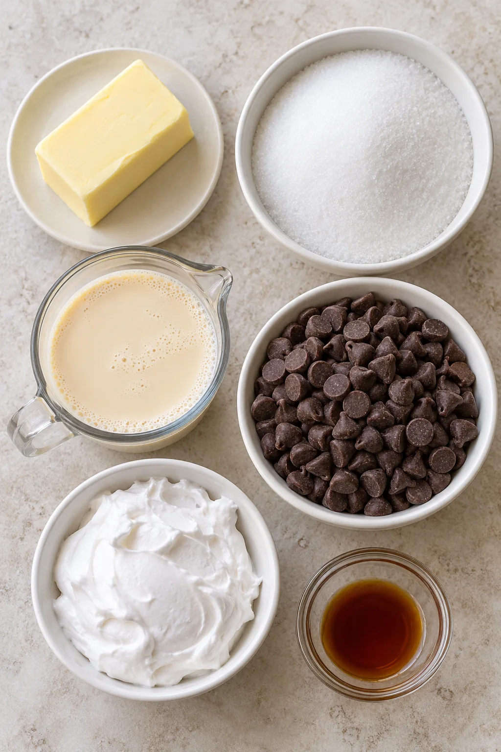 Butter, sugar, evaporated milk, semisweet chocolate chips, marshmallow fluff and vanilla arranged for fudge