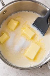 Butter melting into sugar and evaporated milk in a heavy stainless steel saucepan