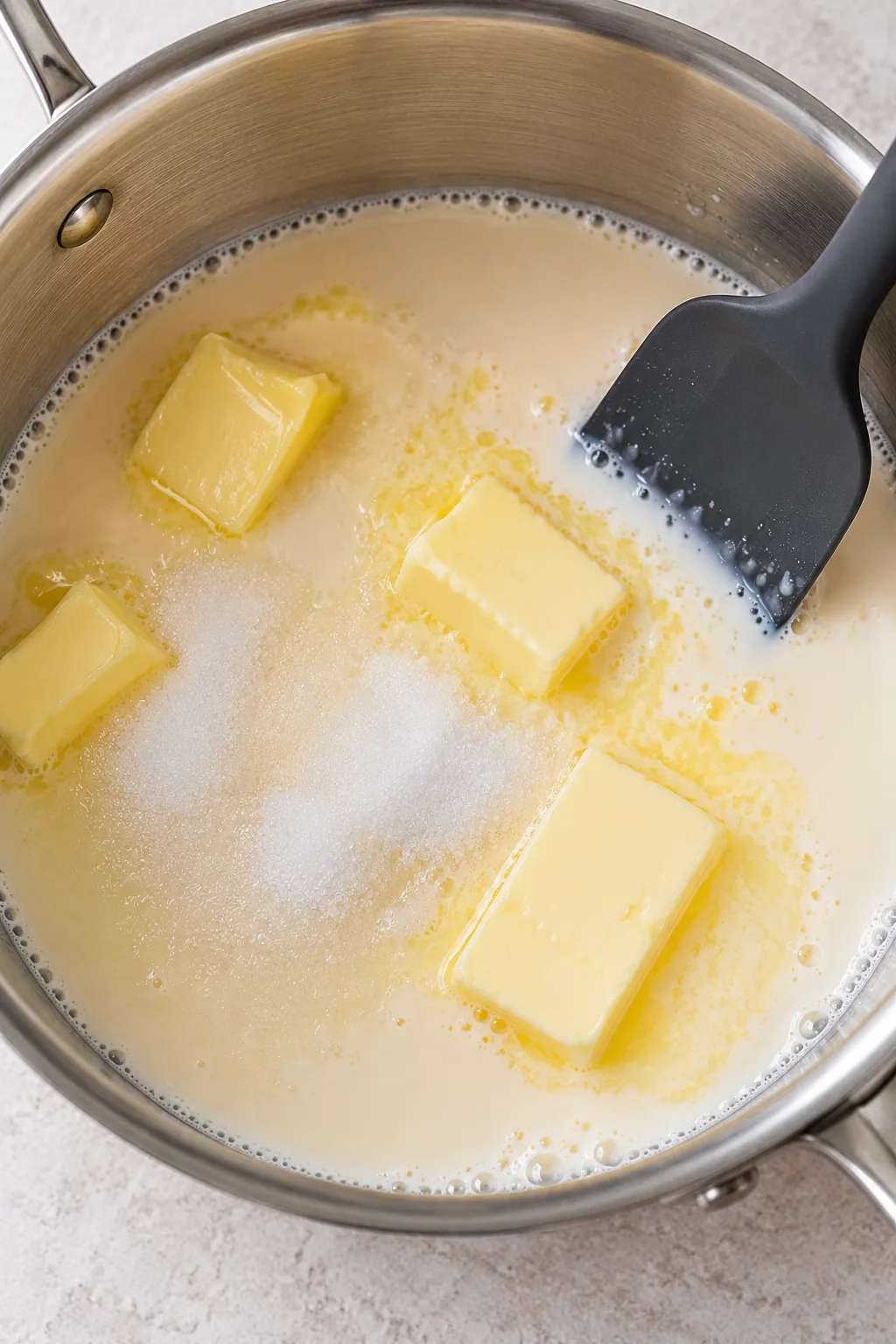 Butter melting into sugar and evaporated milk in a heavy stainless steel saucepan