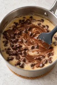 Semisweet chocolate chips partly melting into the hot fudge mixture off the heat