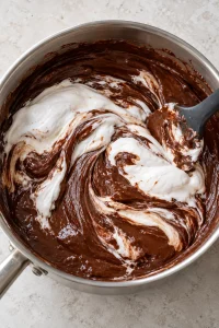 White marshmallow fluff streaks being blended into chocolate fudge in a saucepan