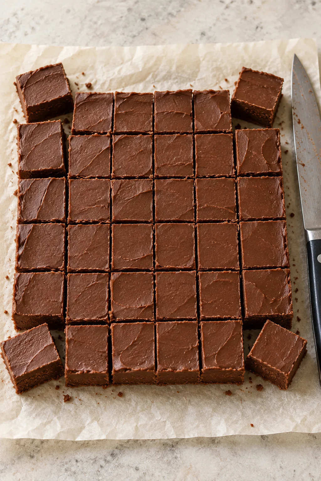 A firm slab of plain chocolate fudge cut into small squares on parchment paper