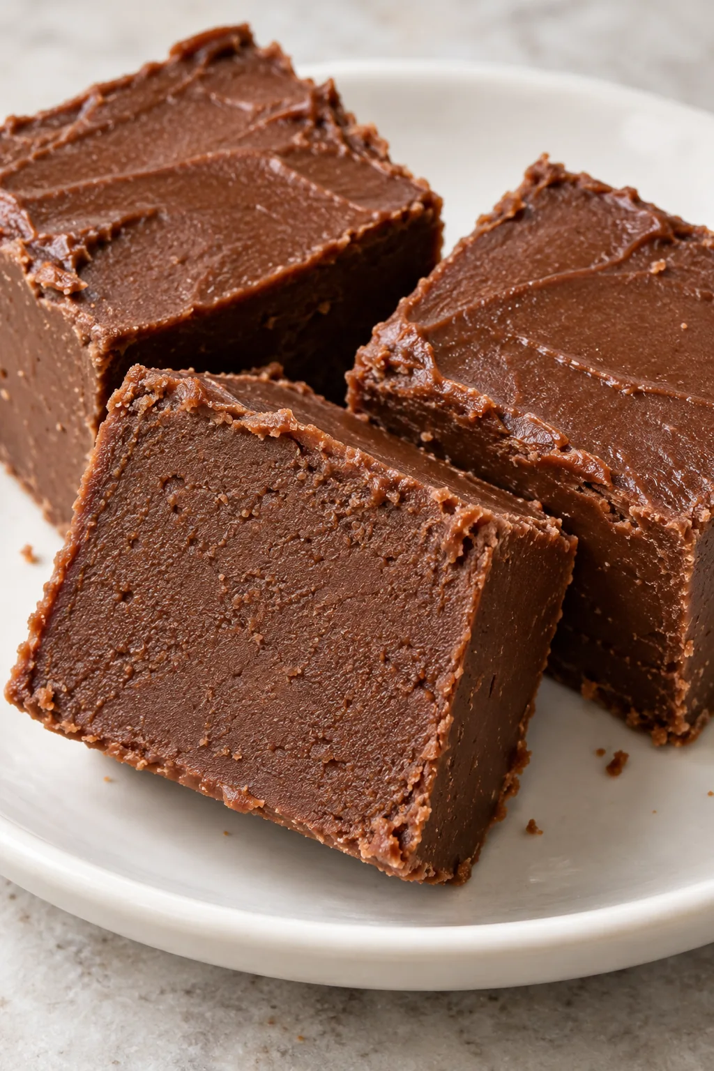 Close view of plain chocolate fudge showing its dense smooth interior and slightly crumbly cut edges