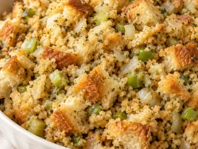 My Mom’s Perfect Thanksgiving Stuffing in an ivory serving bowl