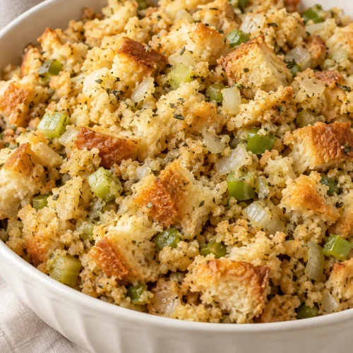 My Mom’s Perfect Thanksgiving Stuffing in an ivory serving bowl